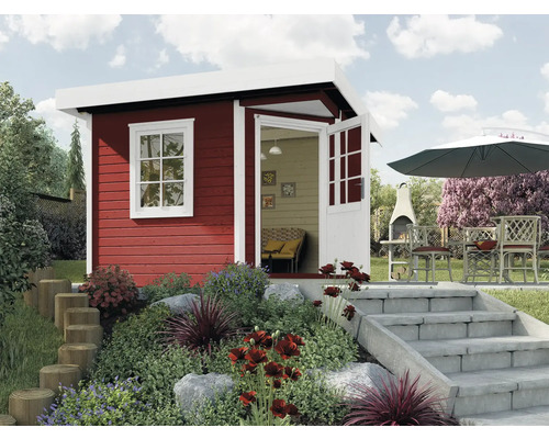 Gartenhaus weka Designhaus 213 Gr. 1 inkl. Fussboden 278 x 278 cm schwedenrot Szene mit Gartenhaus, Terrasse, Gartenmöbeln und Bepflanzung