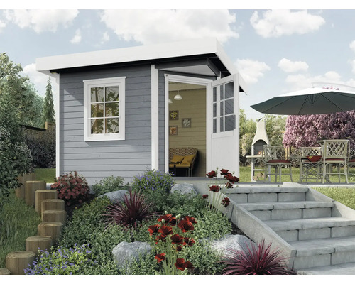 Abri de jardin weka Designhaus 213 taille 1 avec plancher 278 x 278 cm gris Abri de jardin avec porte ouverte, fenêtre et terrasse avec coin salon