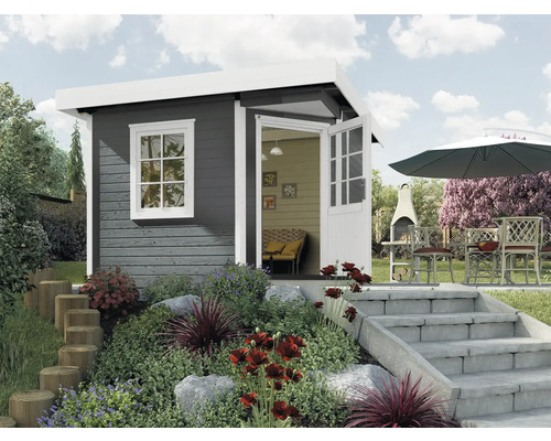 Gartenhaus weka Designhaus 213 Gr. 1 inkl. Fussboden 278 x 278 cm anthrazit Gartenhaus mit geöffneten Türen, Fenster und Terrasse mit Gartenmöbeln