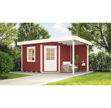 Rotes Gartenhaus mit überdachter Veranda, Fenster und Tür.