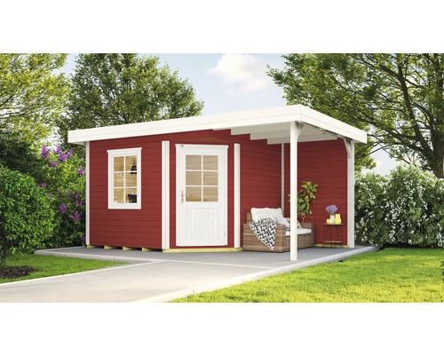 Abri de jardin weka abri design 213 A T. 1 avec plancher, extension de toit avec paroi arrière 385 x 238 cm rouge de falun