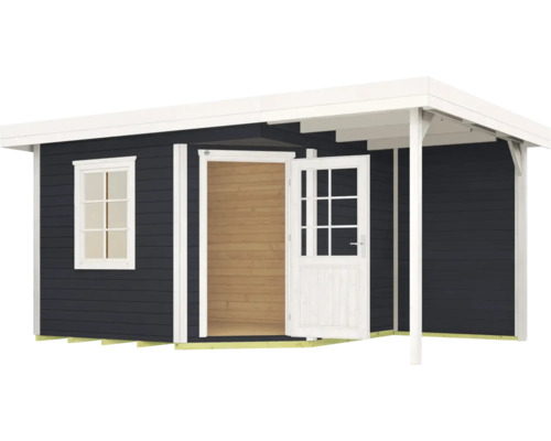 Abri de jardin en bois avec fenêtre et porte ouverte