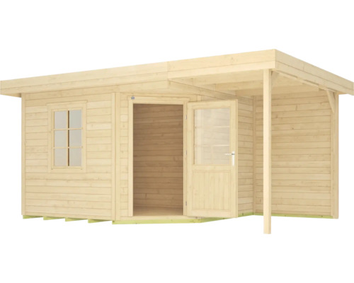Maison de jardin en bois avec fenêtre et porte ouverte