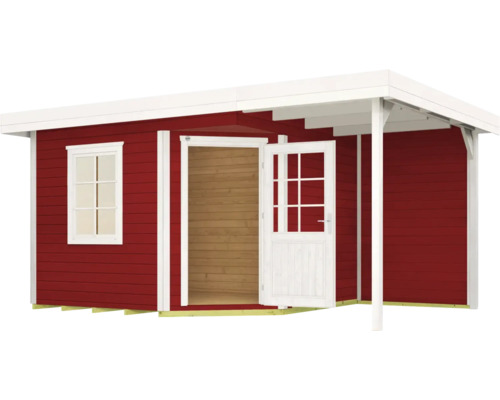 Abri de jardin rouge avec fenêtre et porte ouverte