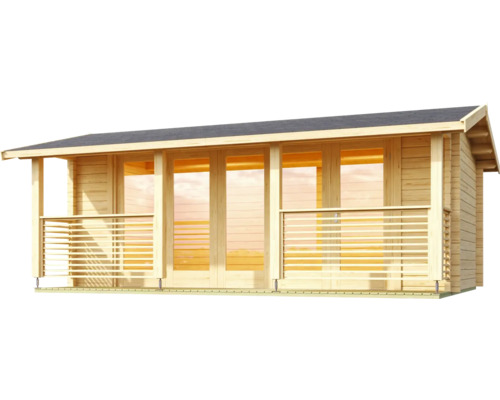 Maison de jardin en bois avec façade en verre et véranda couverte