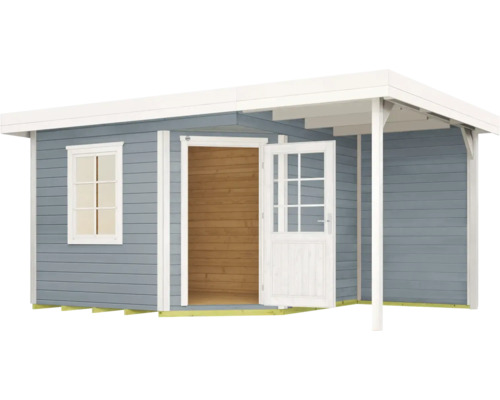 Abri de jardin avec fenêtre et porte ouverte