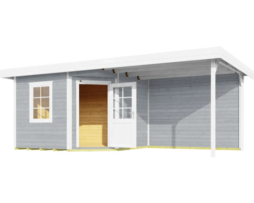 Abri de jardin en bois avec fenêtre et véranda ouverte