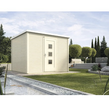 Abri de jardin moderne en bois avec porte et fenêtres dans le jardin.