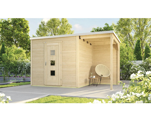 Gartenhaus weka Designhaus 413 A Gr. 1 inkl. selbstklebende Dachfolie, Fussboden, Dachanbau mit Rückwand 410 x 260 cm natur