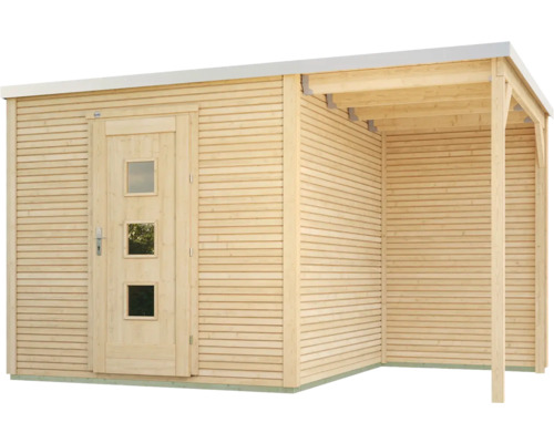 Abri de jardin en bois avec auvent et porte avec fenêtres