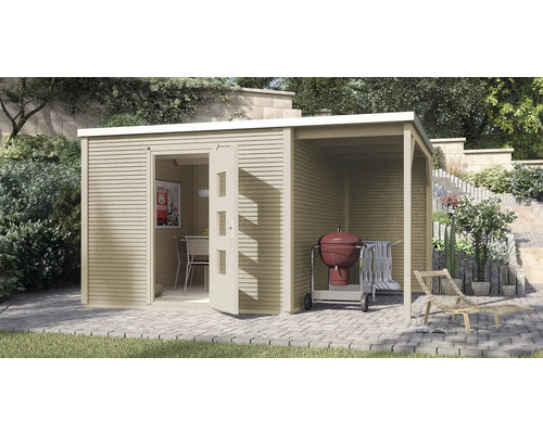 weka Gartenhaus Designhaus 413 A Gr. 2 inkl. selbstklebende Dachfolie und Fussboden und Dachanbau mit Rückwand 450x300 cm natur