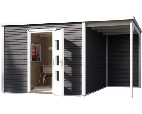 Maison de jardin en bois avec porte ouverte et terrasse couverte