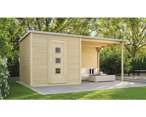 Gartenhaus weka Designhaus 413 B Gr. 1 inkl. selbstklebende Dachfolie, Fussboden, Dachanbau mit Rückwand 560 x 260 cm natur