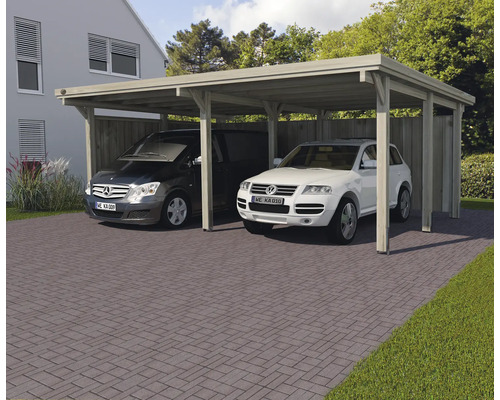 Doppelcarport aus Holz mit zwei parkierten Autos