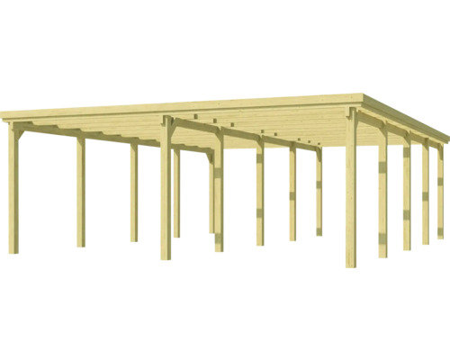 Holzcarport mit Flachdach und mehreren Stützpfosten