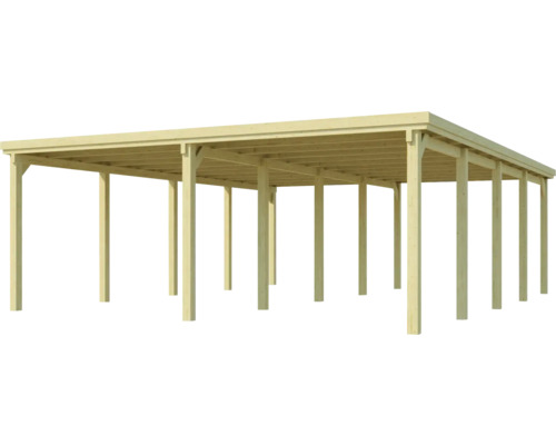 Carport en bois avec plusieurs supports et toit plat