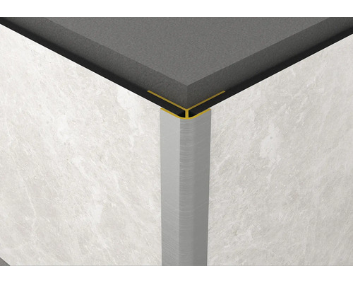 Eckverbinder für Aussenecke ROCKO TILES 2800 mm silber Detailansicht einer Fliesenecke mit Abschlussprofil