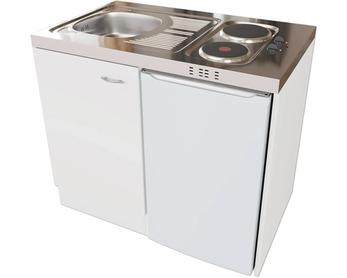 Miniküche mit Spüle, Kochfeld und Kühlschrank