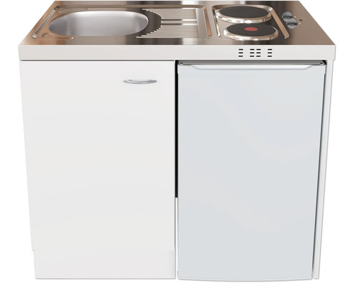 Kompakte Küchenzeile mit Spüle, Kochfeld und Kühlschrank in Weiß