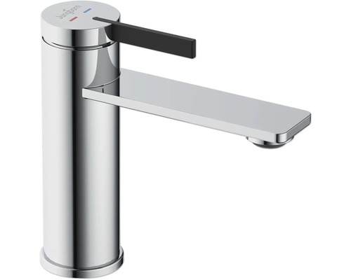 Waschtischarmatur mit flachem Auslauf und seitlichem Hebel