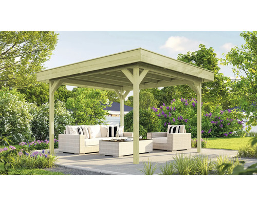 Pavillon weka 657 T. 2 306 x 306 cm traité en autoclave par imprégnation Pavillon de jardin carré avec mobilier de jardin sur une terrasse
