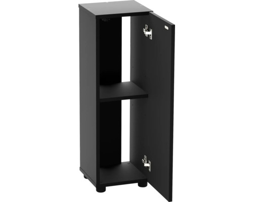 Meuble bas noir avec porte ouverte et une étagère