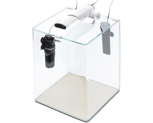 Aquarium OptiBent 30 blanc, env. 29 l avec éclairage LED, chauffage, filtre intérieur et support, nano-aquarium en verre blanc