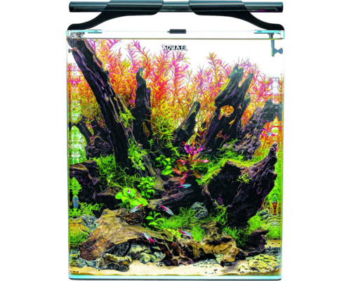 Aquarium OptiBent 70 noir, env. 68 l avec éclairage LED, chauffage, filtre intérieur et support, nano-aquarium en verre blanc