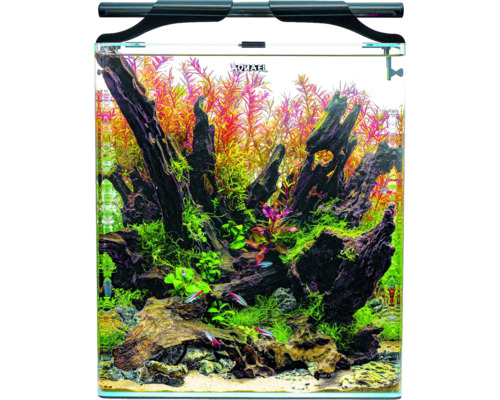 Aquarium OptiBent 70 blanc, env. 68 l avec éclairage LED, chauffage, filtre intérieur et support, nano-aquarium en verre blanc