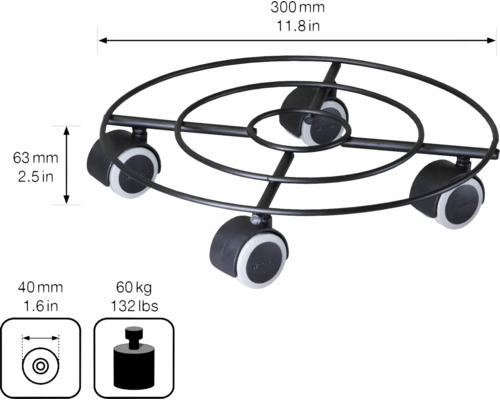Support à roulettes avec trois roulettes, diamètre 300 mm, capacité de charge 60 kg