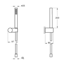 Dessin technique d''une barre de douche avec douchette à main et indications de mesure
