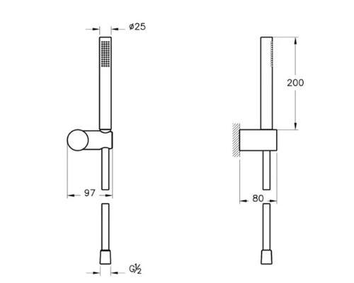 Dessin technique d''une barre de douche avec douchette à main et indications de mesure