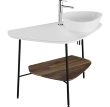 Meuble-lavabo avec vasque à poser, robinetterie et étagère en bois