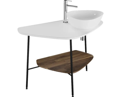 Meuble-lavabo avec vasque à poser, robinetterie et étagère en bois