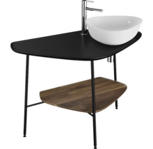 Meuble-lavabo avec lavabo à poser, plateau noir et étagère en bois
