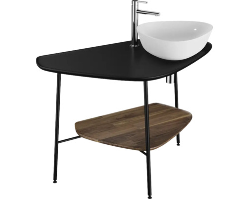 Meuble-lavabo avec lavabo à poser, plateau noir et étagère en bois