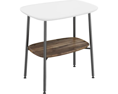 Table d''appoint avec un plateau blanc, une étagère en bois et des pieds en métal