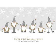 Weihnachtskarte mit Zwergen und dem Schriftzug Frohe Weihnachten und ein glückliches neues Jahr.