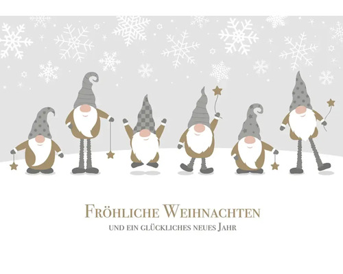 Weihnachtskarte mit Zwergen und dem Schriftzug Frohe Weihnachten und ein glückliches neues Jahr.