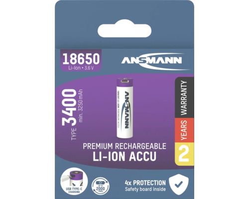 Ansmann Akkubatterie Li-Ion Akku 18650 3,6 V 3400 mAh mit Micro-USB Ladebuchse 1 Stk.