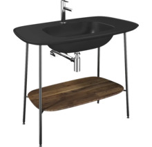 Plan de toilette avec robinetterie chromée, lavabo noir et étagère en bois