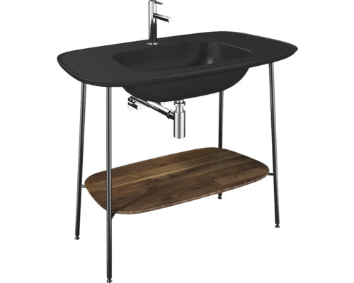 Plan de toilette avec robinetterie chromée, lavabo noir et étagère en bois