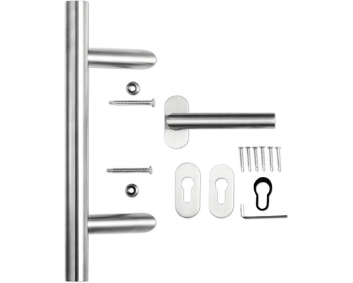 Set de ferrures de porte avec barre de tirage, poignée de porte, rosaces et matériel de fixation