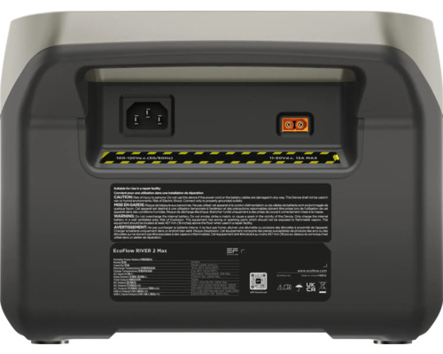 Vue arrière de la centrale électrique EcoFlow RIVER 2 Max avec connexions et données techniques.