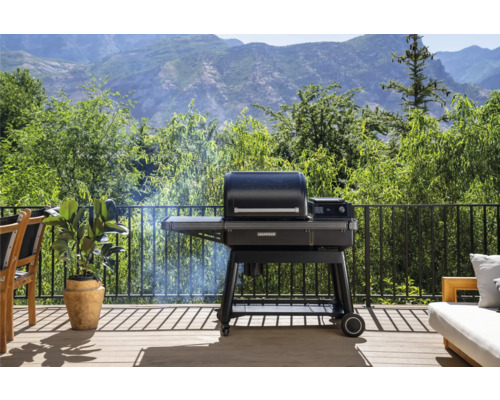 Gril sur une terrasse avec vue sur les montagnes