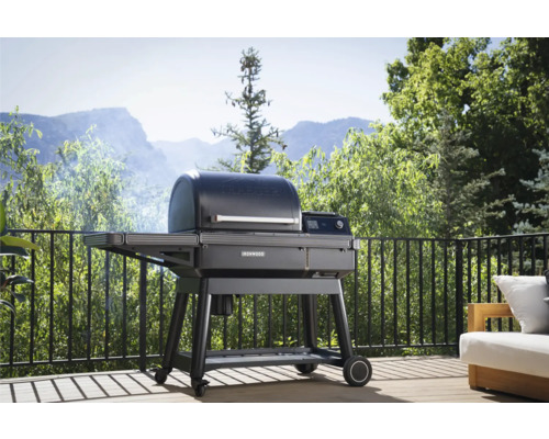 Barbecue sur une terrasse avec vue sur la nature.