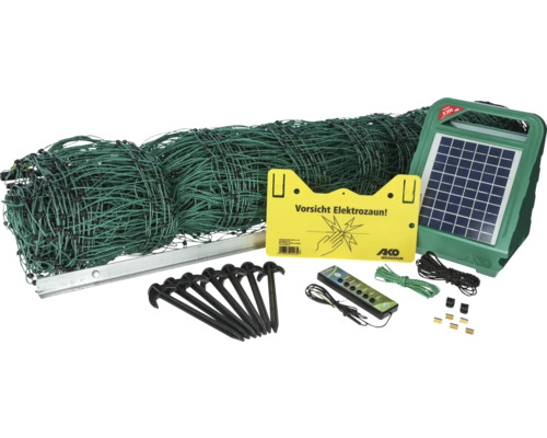 Kit clôture à poules électrique longueur 50m vert Kit complet de clôture électrique avec filet de clôture, électrificateur solaire, piquet de terre et accessoires