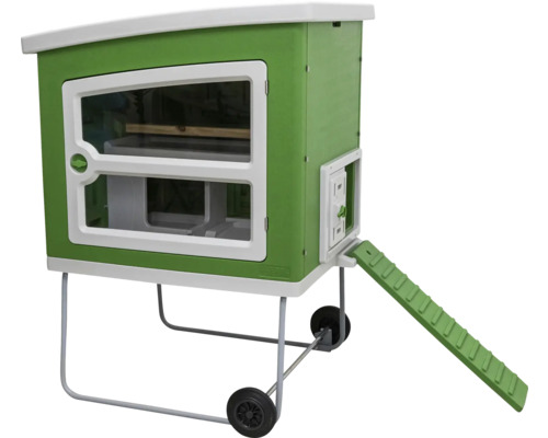 Poulailler vert avec roues et rampe