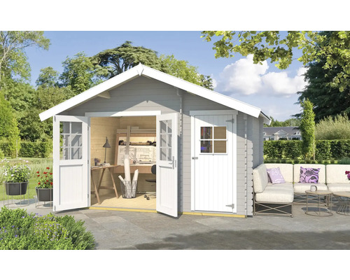 Abri de jardin weka 253 Taille 2 y compris plancher 420 x 310 cm gris clair Abri de jardin avec double porte ouverte et intérieur aménagé, entouré de décoration de jardin et d''un coin salon