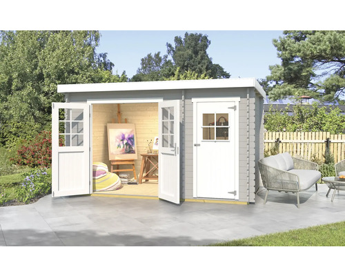 Abri de jardin weka 254 Taille 1 y compris plancher 390 x 246 cm gris clair Scène de jardin avec cabanon de jardin en bois, portes doubles ouvertes, fenêtre et atelier de peinture